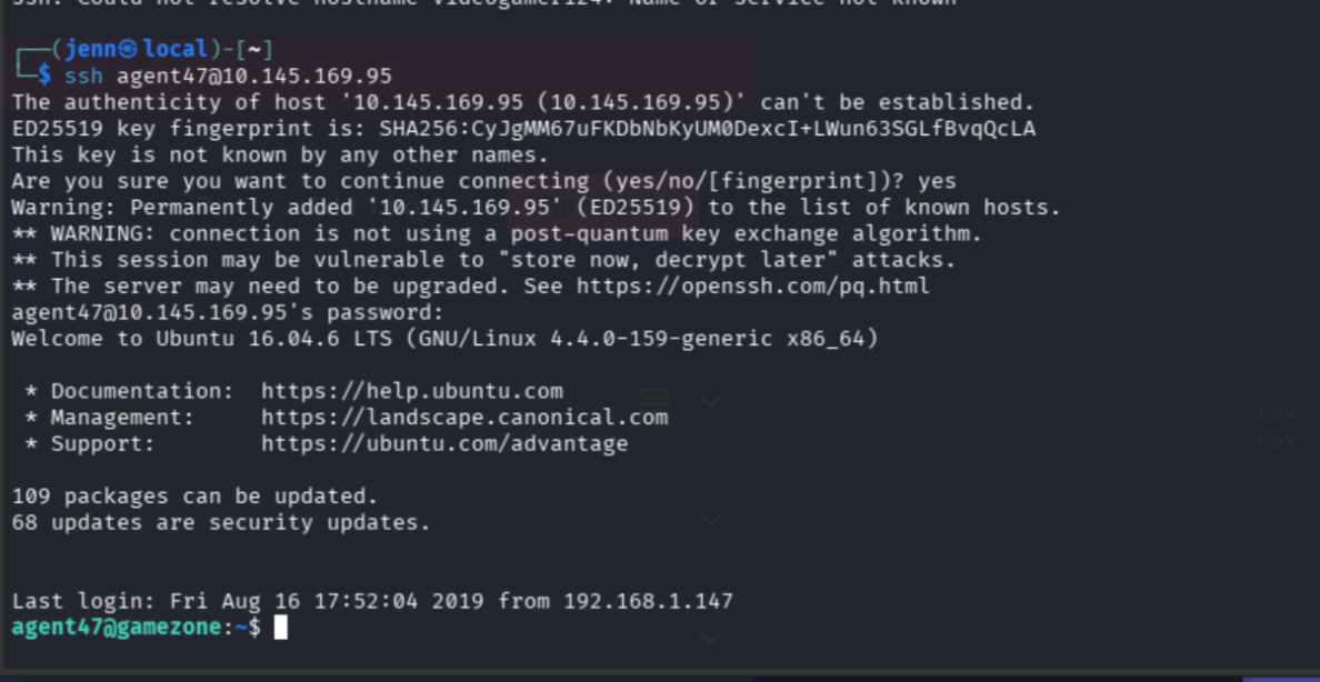 SSH login as agent47 with password videogamer124